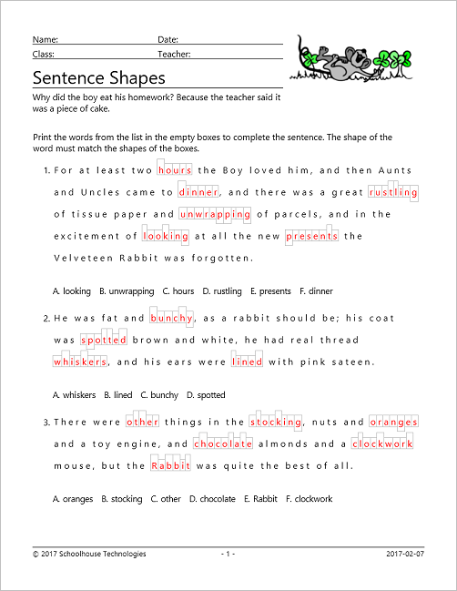 School Items Places Subjects Sentence Shapes Worksheet
